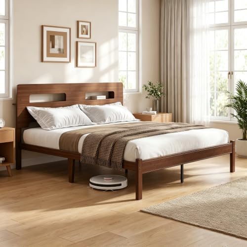 14" Bamboo Wood King Size Bed Frame with Storage Headboard