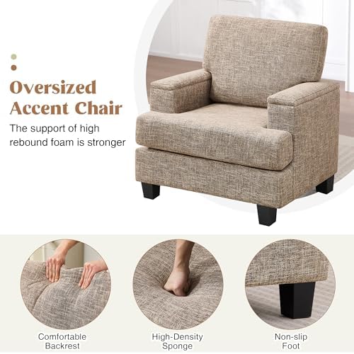 Accent Chairs Set of 2 with Armrest Storage, Modern Upholstered Reading Living Room Chairs, Comfy Large Armchairs, Fabric Accent Chair for Bedroom (Yellowish Brown)