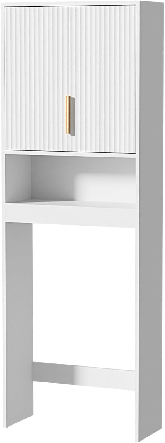 VINGLI Over The Toilet Storage Cabinet White, Modern Bathroom Organizer with Fluted Doors, Freestanding Wooden Space Saver Stand with Adjustable Bottom Bar for Laundry, Gold Handles