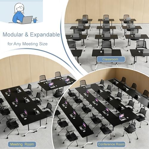 Folding Conference Table, Conference Room Tables with Wheels Foldable Large Rectangle Meeting Seminar Table for 6-12 People, Flip Top Mobile Training Table for Office Classr (4, Black 2, 47.2in)