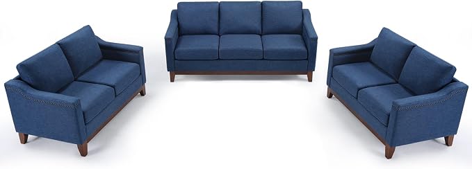 HAOMARKETS Modern 3 Piece Sofa Set with Rivets, Included Fabric Loveseat 2-Seater Sofa Set of 2, and Upholstered 3-Seater Couches with Solid Wood Legs, Living Room Furniture Set,Blue