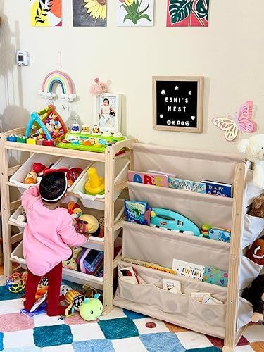 Fodoss Book Shelf for Kids Rooms - Toy Storage Organizer with Bookshelf, Solid Wood Kids Bookshelf with 7 Bins, Side Storage Pockets, Large Toy Organization for Nursery, Natural Pine