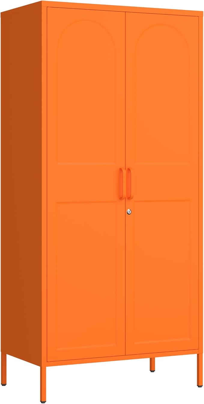 Orange Lockable Metal Storage Wardrobe, Tall Freestanding Cold Rolled Steel Cabinet with Arched Embossed Doors, Elevated Feet for Bedroom Office Storage Size:67" H x 31.5" W x 18.1" D