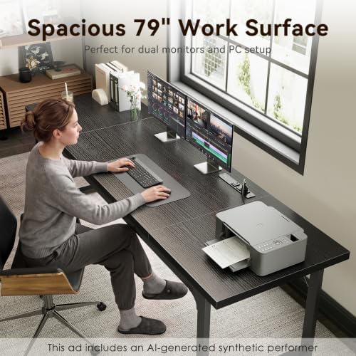 Coleshome 79 Inch Long Computer Desk with Power Outlet, Thicker Desktop & Legs, Large Heavy Duty Office Desk for Home Office & Gaming, Black