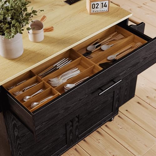 IRONCK Kitchen Island with Storage, Charging Station and Drop Leaf, Black