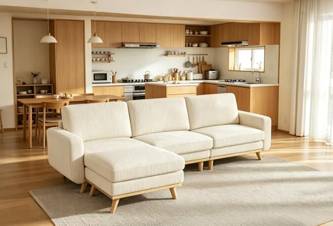 L-Shaped Sectional Sofa, 3-Seater Convertible Couch with Ottoman, FSC Certified Solid Wood Frame, Spring Cushions, Curved Armrests, Comfort Corduroy Sofa for Living Room, Apartment, Office, Beige