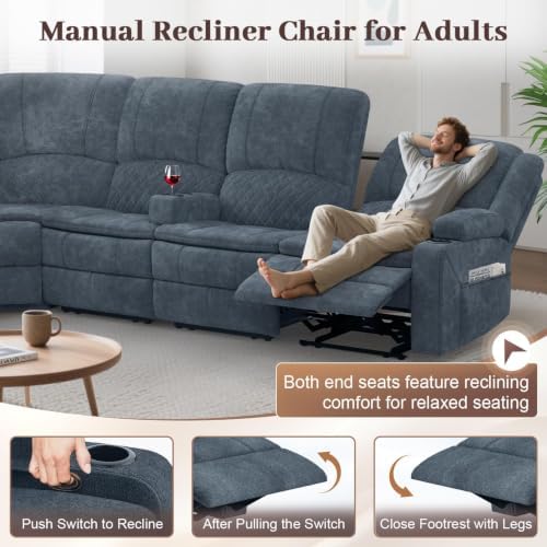 4 Seater Reclining Sofa Set, Modern Living Room Couch Set (Fabric,Blue)