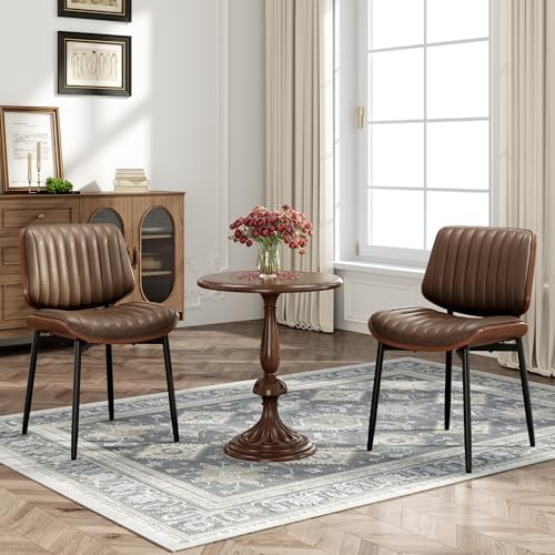 MALOL Leather Dining Chairs Set of 2, Modern Upholstered Dining Room Kitchen Chairs with Metal Legs and Wooden Back Support for Home Dining Room/Restaurant, Brown