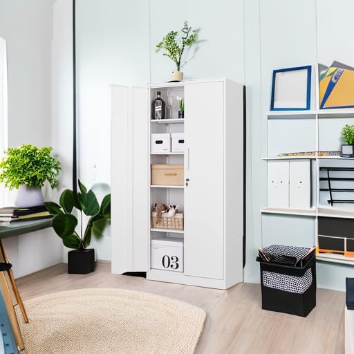 Fesbos Metal Storage Cabinet-71” Tall Steel File Cabinets with Lockable Doors and Adjustable Shelves-White Steel Storage Cabinet for Home, School, Office, Garage