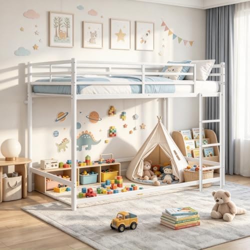 Floor Bunk Bed Twin Over Twin, Metal Twin Size Bed Frame with Ladder & Safety Guardrails for Boys Girls, Space Saving Design, No Box Spring Needed, White
