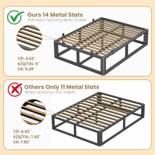 18 Inch Metal Cal King Bed Frame with Rounded Corner, Steel Support