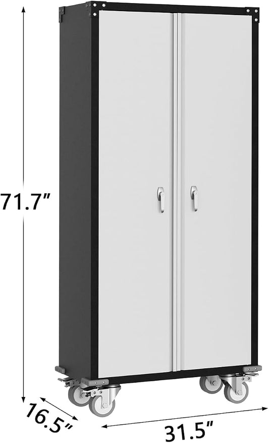 GarveeHome Metal Locker Storage Cabinet with Wheels 71" H with Doors and 2 Shelves Adjustable 4 Adjustable Feet for Home, Garage, Office, Shop