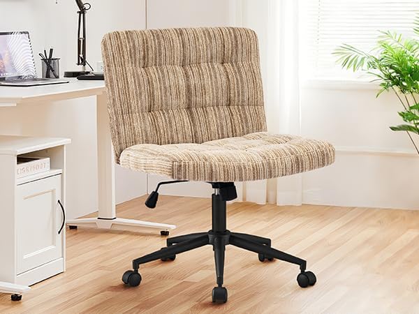 Furnimart 360° Swivel Criss Cross Desk Chair Extra-Thick Cushion, Premium Chenille Cross Legged Chair with Wide Seat & Wheels, Comfy Armless Home Office Chair for Bedroom, Vanity, Sturdy (Light Brown)
