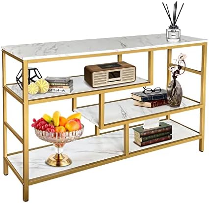 AT-VALY Console Table 4-Tier Storage Shelves Entryway Table Hallway Tables for Living Room 44"x11.8"x31.9" (Gold&White)
