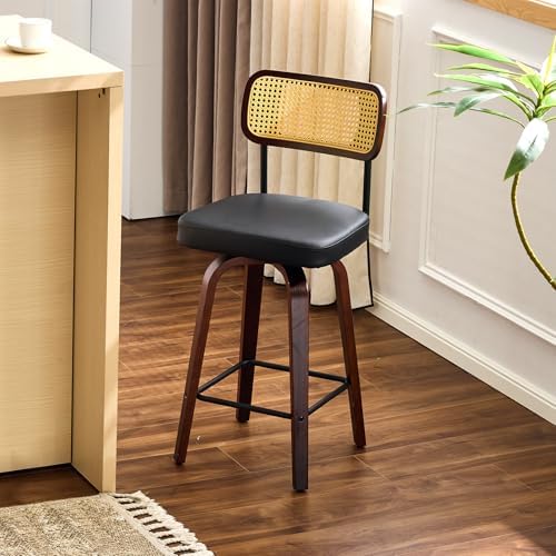VINGLI Modern Bar Stool 26" H, PU Leather with Rattan Back, 360° Swivel, Solid Wood Legs Barstools for Kitchen Island & Home Bar, Black 3 Pack