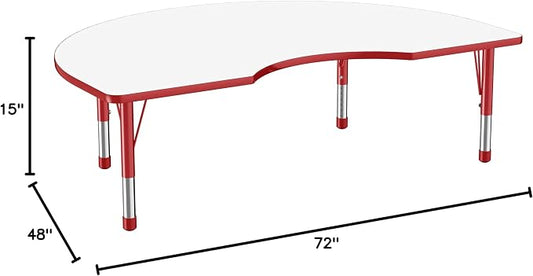 FDP Dry-Erase Kidney Activity School and Classroom Kids Table (48 x 72 inch), Chunky Toddler Legs for Collaborative Spaces, Adjustable Height 15-24 inches - Whiteboard Top, Red Edge and Red Legs