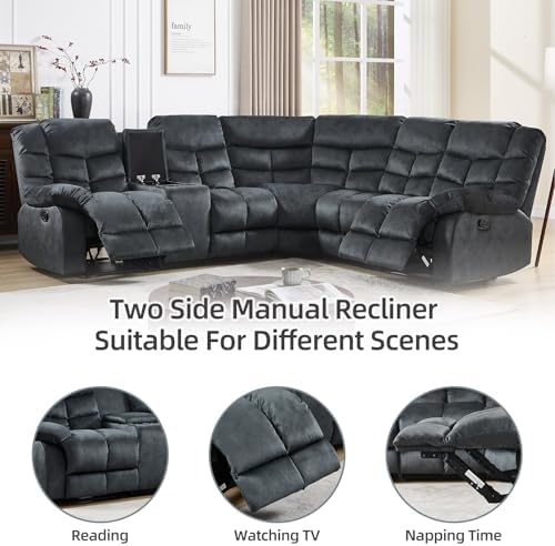 EBELLO Manual Reclining Sectional Sofa Set for Living Room, Soft Fabric Recliner Corner Sectional Couch with Center Console, Cup Holder and Storage, Grey