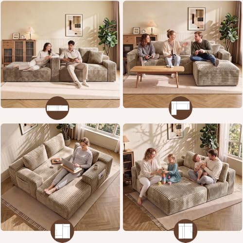 WINBOY 97" L Shaped Boneless Couches for Living Room, Comfy Modular Deep Seat Compressed Corduroy Sofa with Side Pocket,Right Facing Chiase,Camel