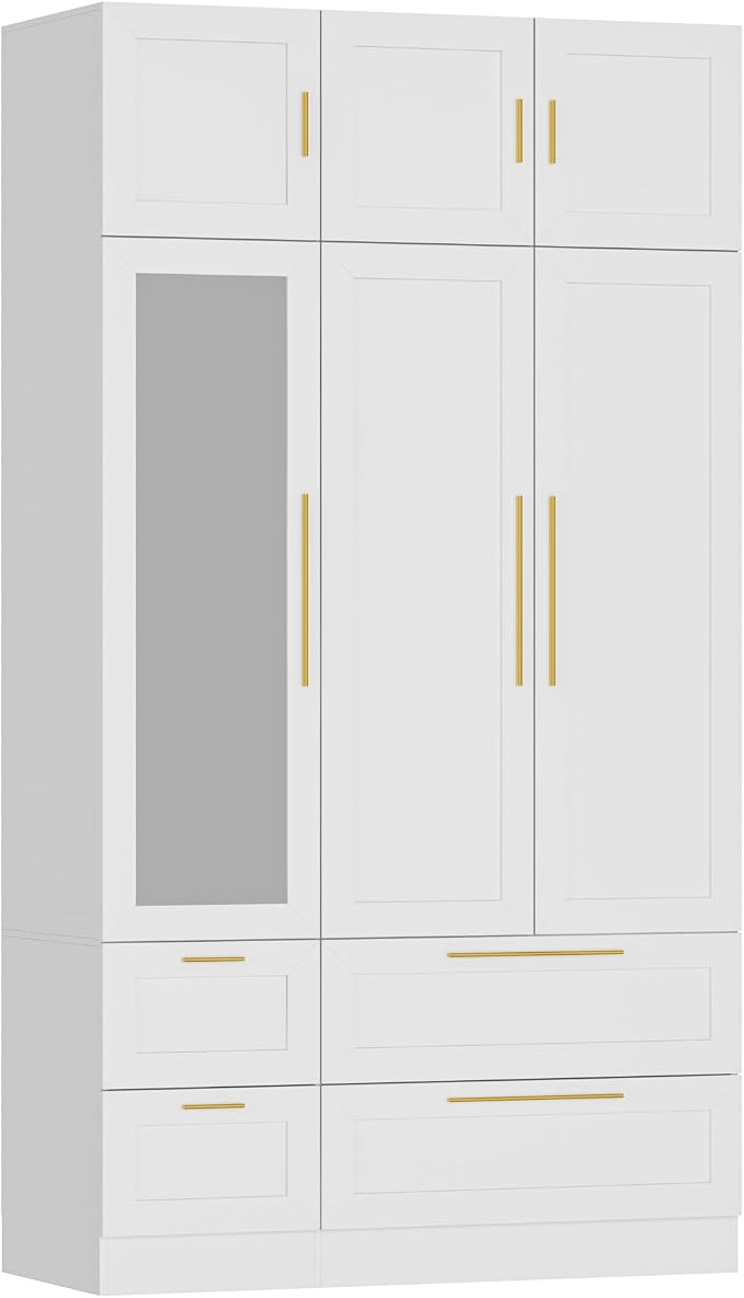 47" Almirah for Clothes, Tall Storage Wardrobe Closet Cabinet, Wardrobe with Drawers, Clothes Closet with Metal Hanging Rod, Handles, Mirror and Doors for Bedroom, White + Gold