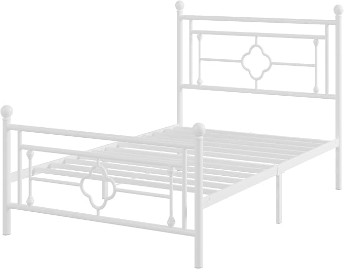 Allewie Twin Size Metal Platform Bed Frame with Victorian Vintage Headboard and Footboard/Mattress Foundation/Under Bed Storage/No Box Spring Needed/Noise-Free/Easy Assembly, White