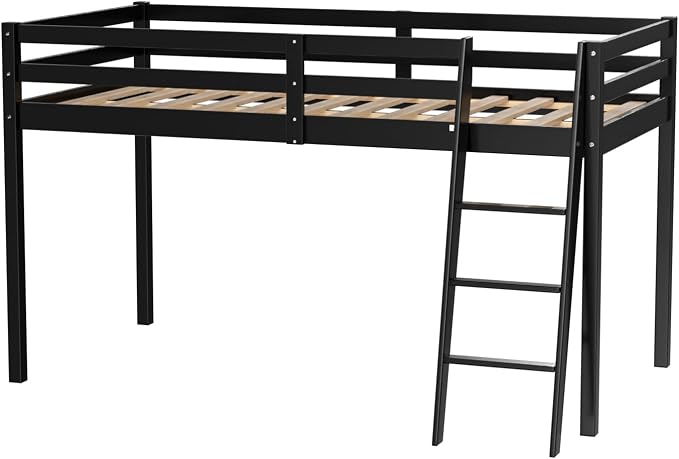 VINGLI 47'' Tall Junior Low Loft Bed with Stairs, Wood Loft Bed Twin Size for Adults, Kids and Young Teens, No Box Spring Required,Wood Slat Support, Black