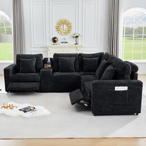 ORRD Multifunctional Storage Console with Dual Cup Holders, Table, USB Charging Station for Modular Sectional Sofa for Living Room-Black