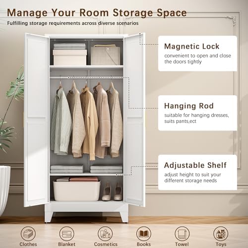 71" Metal Armoire Wardrobe Closet with Hanging Rod, White-X 2 Shelves