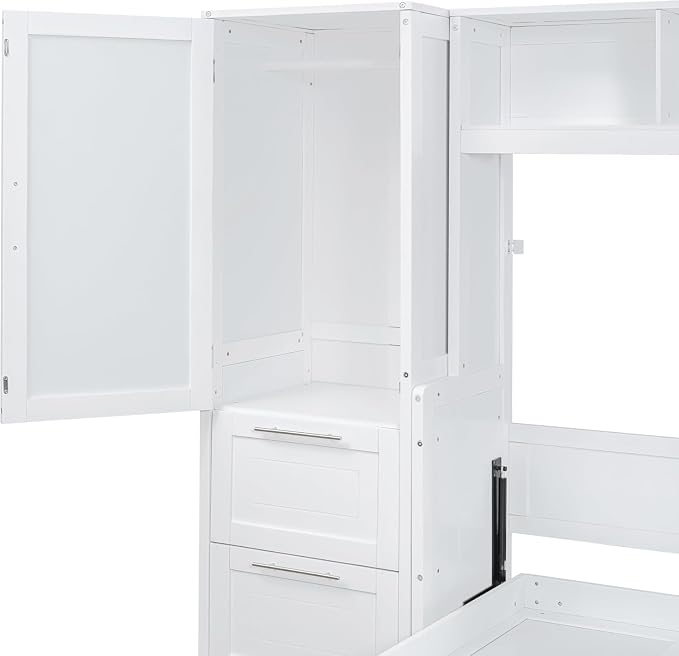Virubi Full Horizontal Murphy Bed with Wardrobe Closet,2 Drawer,4 Storage Open Shelves,Wood Folding Murphy Wall Bed Cabinet, Slat Suuport (White,Full)