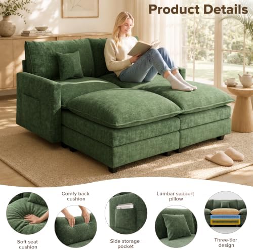 74 Inch Cloud Couch Sectional, Modular Sectional Sofa with 2 Ottoman, Green