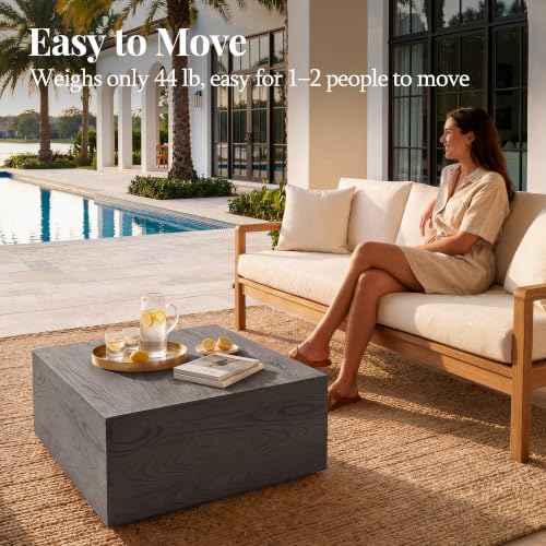 UPHA 28" Square Outdoor Coffee Table, Travertine Look, Gray Wood Finish
