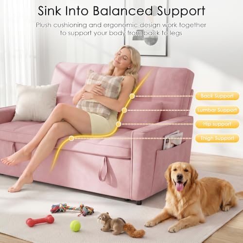 54'' Sleeper Sofa Bed, Convertible Pull Out Couch with Adjustable Backrest, Side Pockets & 2 Lumbar Pillows, Velvet Fabric Loveseat for Living Room, Apartment & Small Spaces (Pink)