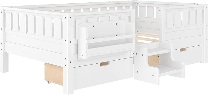 Bellemave Twin Montessori Bed with Stairs, Rails and Slats, Twin Size Montessori Floor Bed with Bookshelf and 2 Storage Drawers, Easy Assemble Beds Frame for Girls, Boys, White