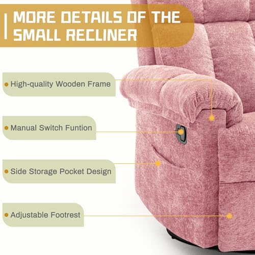 Korser Small Swivel Rocker Recliner Chair, Manual Recliner, Rose Pink