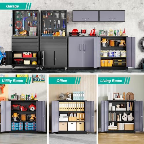 SISESOL 36 inch Metal Cabinet with Shelves,Small Garage Storage Cabinet with Lock,Gray Metal Storage Cabinets with Locking Doors,Small Steel Lockable Cabinets for Home,Office,Shop,Garage