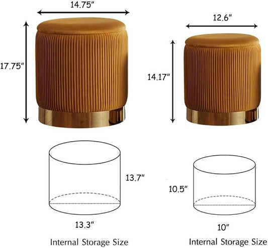 Round Ottoman with Storage Set of 2 Small Ottoman Coffee Table, Vanity Chair Foot Stool, Removable Lid, Hidden Storage, for Living Room, Bedroom, Hallway, Assembly Free (Orange)