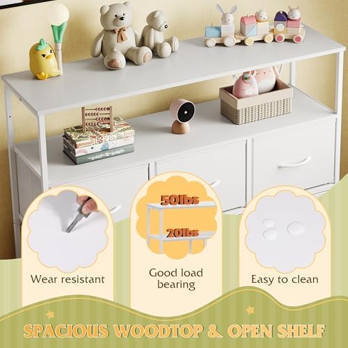 WLIVE 5 Drawer White Fabric Dresser Charging Station, Chest of Drawers