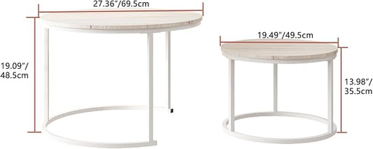 HOJINLINERO Round Coffee Table,Nesting Coffee Table Set of 2,Center Tables for Living Room,Office, Home Small Space,Stacking Side Tables,Sturdy and Easy Assembly,Wood Desktop,Oak+White,Large