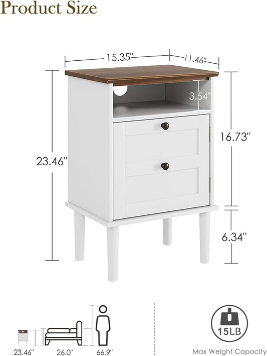 Nightstand, Boho Night Stand with 1 Drawer, Modern Side Accent Table with Open Shelf, Wooden Top Bedside End Table for Bedroom, Living Room, White