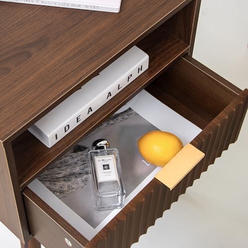 Walnut Nightstand, Fluted Night Stand with Drawer and Open Shelf