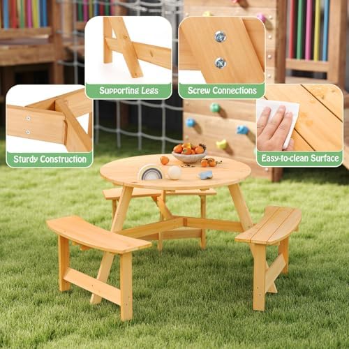 HONEY JOY 6 Person Kids Picnic Table, Fir Wood Round Toddler Picnic Table with 3 Built-in Benches & Umbrella Hole, Picnic Tables for Outdoors, Children Backyard Furniture for Patio Garden, Natural