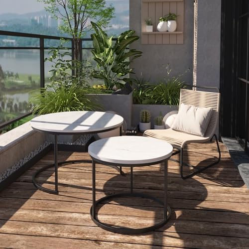 27.6" Round Nesting Coffee Table Set of 2, White & Black Marble