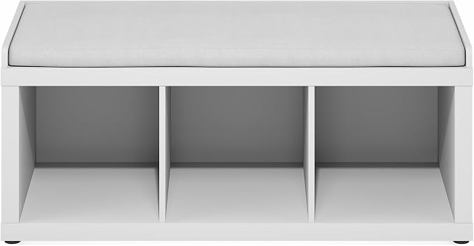 Furinno Cubicle Storage Bench, Shoe Bench with Padded Seat Cushion, 3-Cube Open Shelves Entryway Bench, for Closet, Entryway, Living Room, White