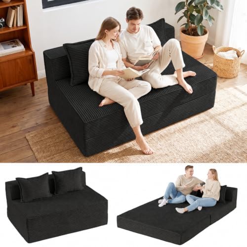 Oversized Corduroy Folding Sofa Bed with Pillow,Convertible Foam Futon Floor Lounge Chair,Loveseat Size Fold‑Out Sleeper Couch,No Assembly for Bedroom,Reading Nook,Studio,Black