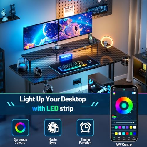 HLDIRECT 47 Inch Gaming Desk with LED Lights & Cable Management, Black