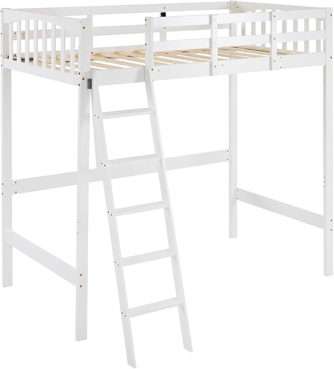 VINGLI Full Loft Bed with USB Charging Station/LED, Solid Wood Double Loft Bunk Bed with Flat Rungs for Kids/Teens/Adults, 15 inches High Guardrail,Wood Slat Support No Box Spring Needed, White