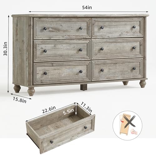 RWYHG 54" Dresser for Bedroom, Farmhouse 6 Drawers Dressers with Gourd Legs
