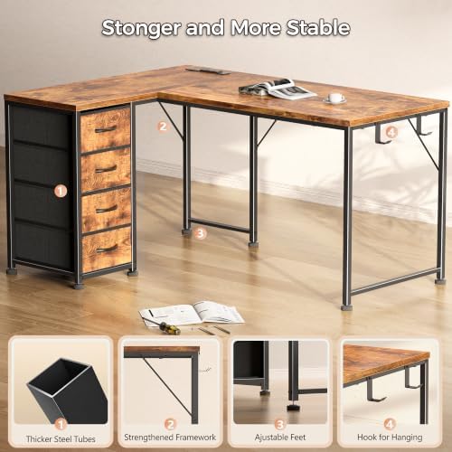 Korfile 43 Inch L Shaped Computer Desk with Power Outlets, Rustic Brown