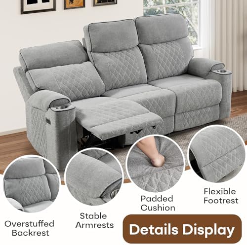 HAOMARKETS Power Recliner Chair for Adults with USB Port, Soft Fabric Electric Recliners with Metal Cup Holders, Single Overstuffed Heavy Duty Reclining Sofa Chairs for Living Room, Light Grey