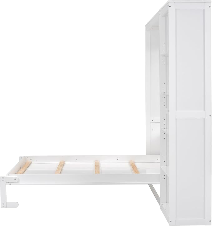 Merax Space-Saving White Murphy Bed Full Size with Adjustable Storage Shelves, Multifunctional Foldable Wall Bed for Small Spaces Studio Study Office Guest Room