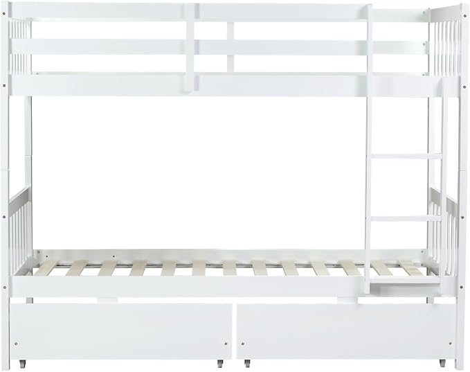 Harper & Bright Designs Twin Over Twin Bunk Bed with 2 Drawers, Convertible into 2 Twin Beds, Twin Bunk Bed with Ladder and Safety Guardrails, White